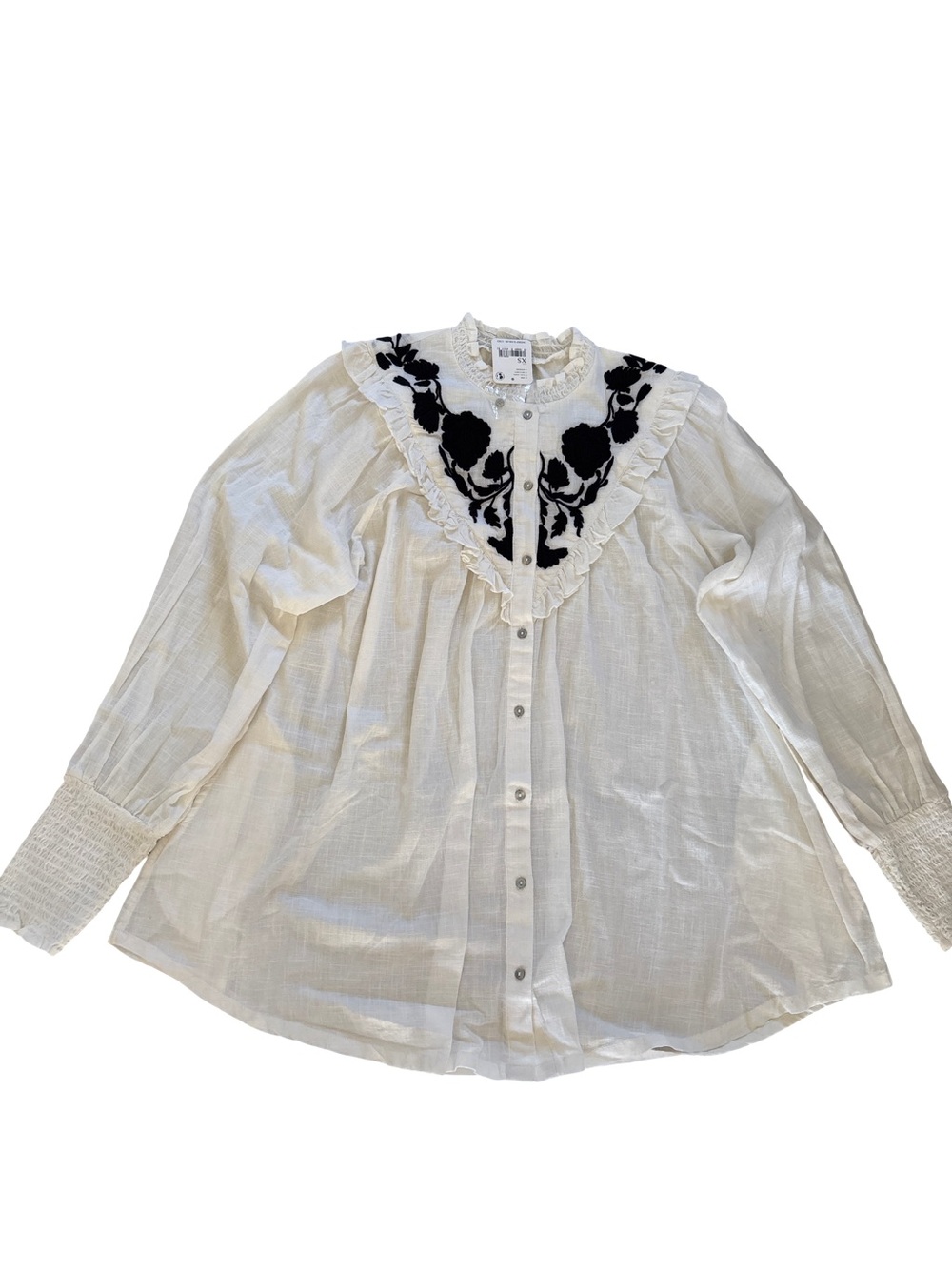 Free People White Button-Front Blouse with Black Floral Embroidery